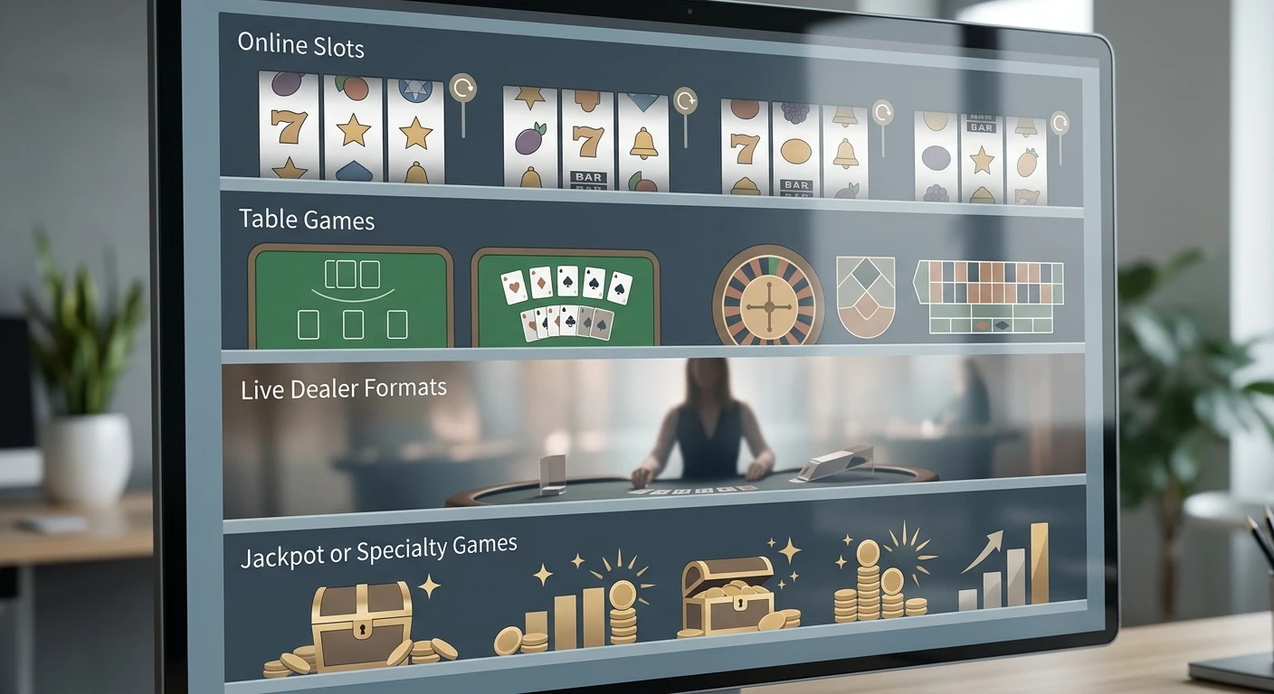 Neutralna ilustracja kategorii gier: sloty, gry stołowe, live casino i jackpoty