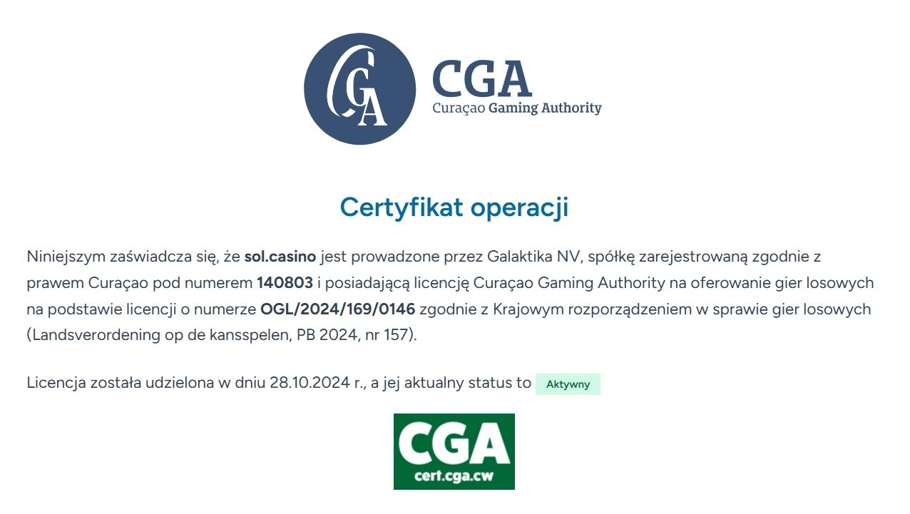 Oficjalny certyfikat Curaçao Gaming Authority dla sol.casino