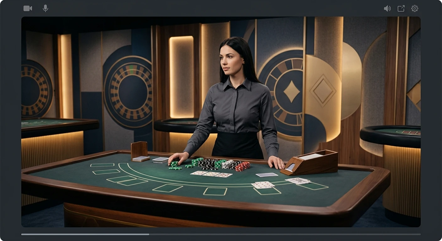Neutralna ilustracja stołu live casino z krupierem i widokiem transmisji