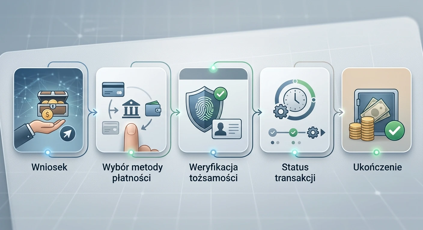 Redakcyjna ilustracja etapów wypłaty środków i kontroli KYC