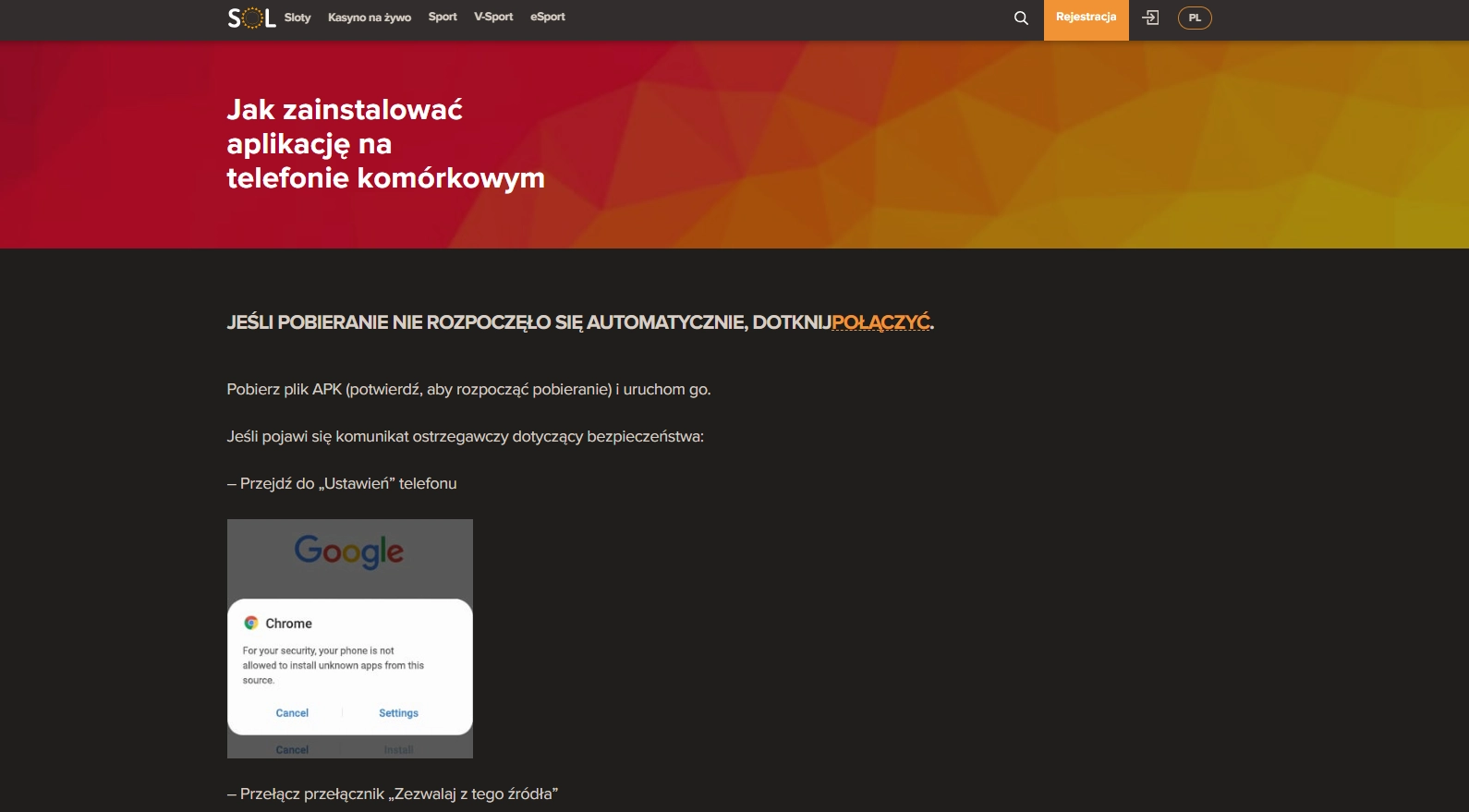 Oficjalna strona instalacji aplikacji SOL Casino na Androida